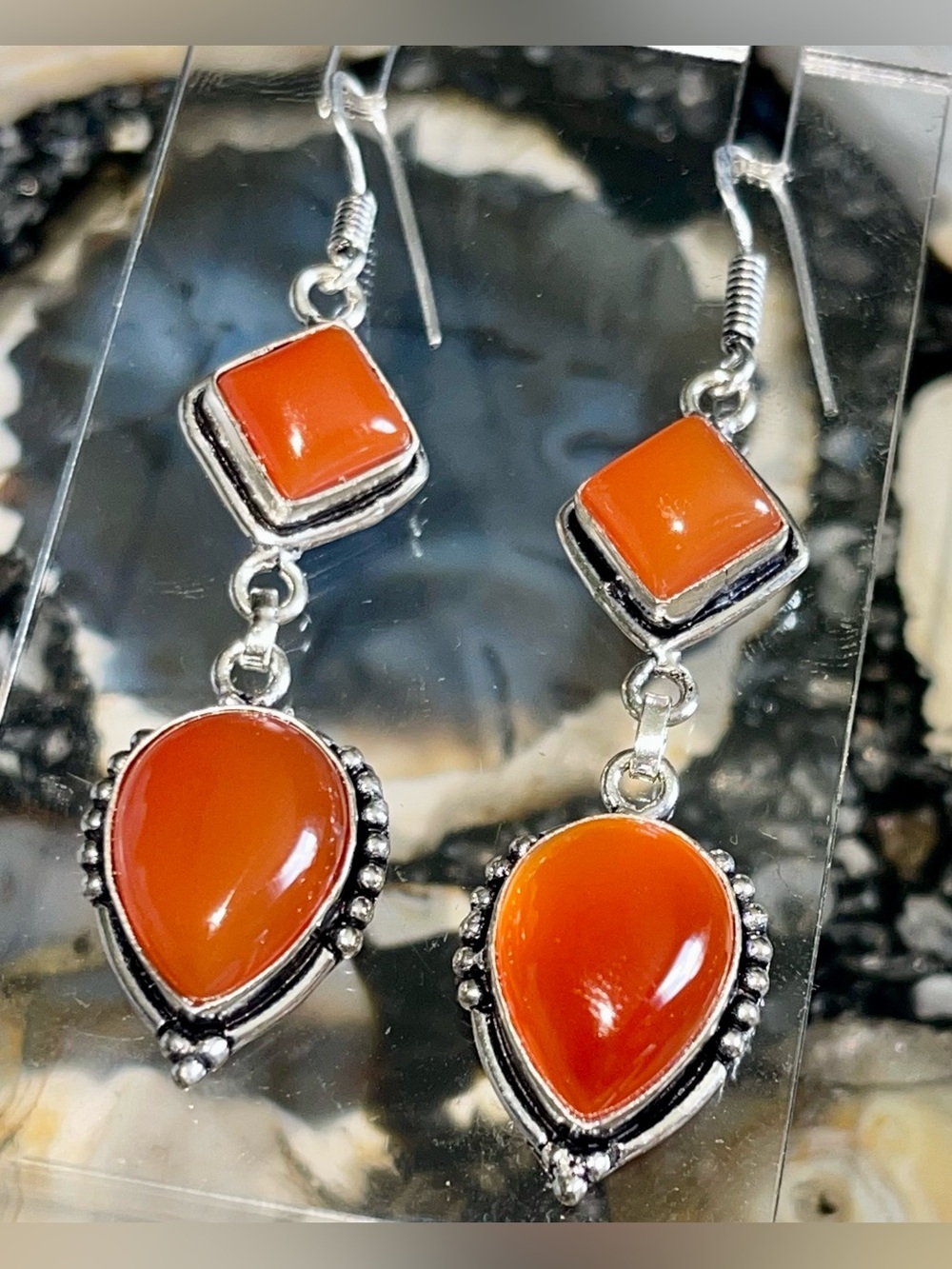Orange-Red Carnelian Quartz Earrings 2 1/2”